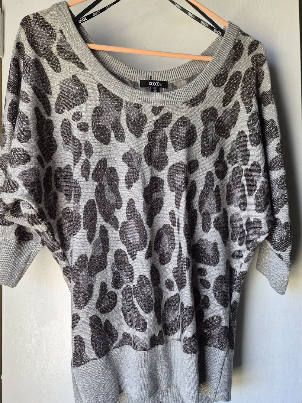 NWOT- XOXO Women's M Gray Shimmer Leopard Print Sweater